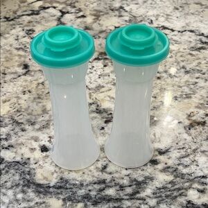 Tupperware - Aqua and Clear Salt & Pepper Shakers (full size)